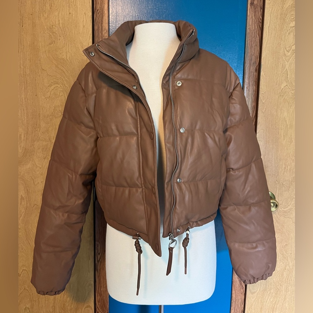 Faux Leather Cropped Puffy Coat